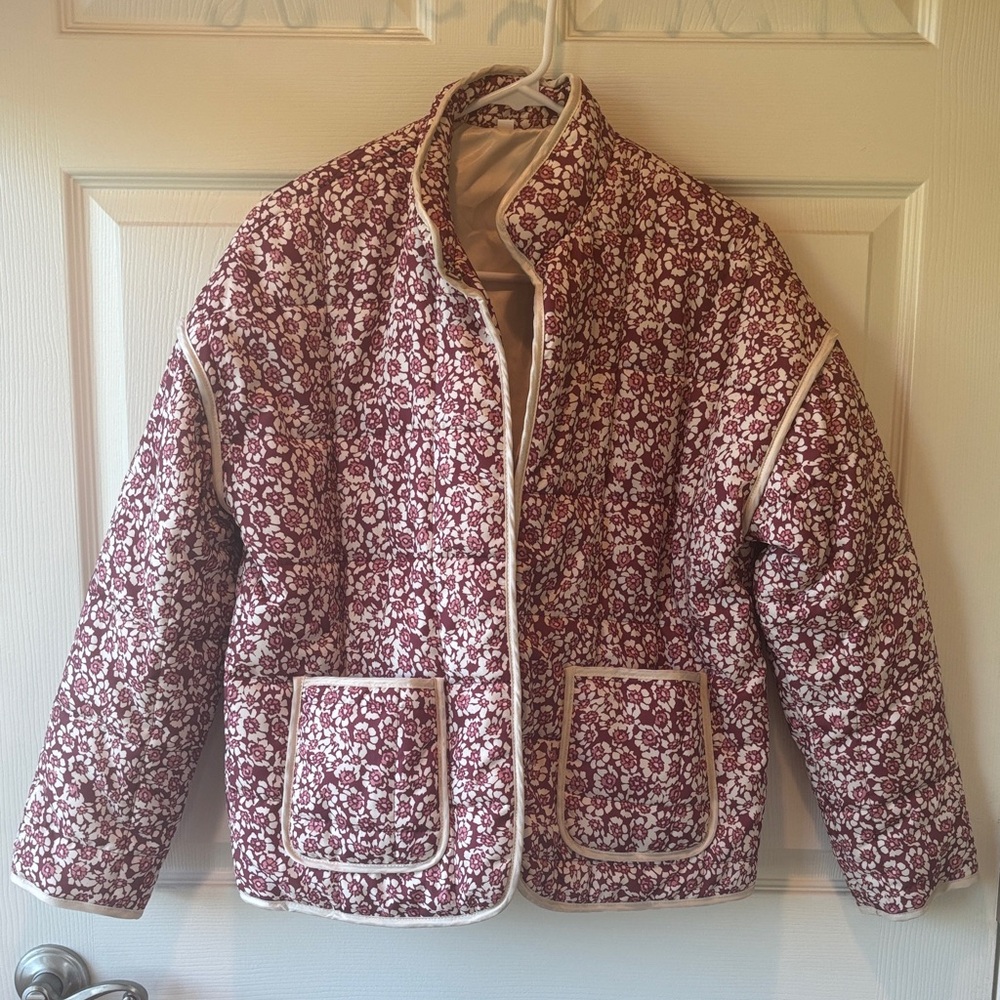 Free People Burgundy and Cream Floral Puffer Jacket
